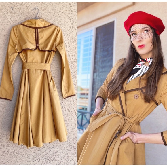 Anthropologie Jackets & Blazers - ANTHROPOLOGIE Marley Double Breasted Khaki Cotton Belted Full Skirt Trench Coat